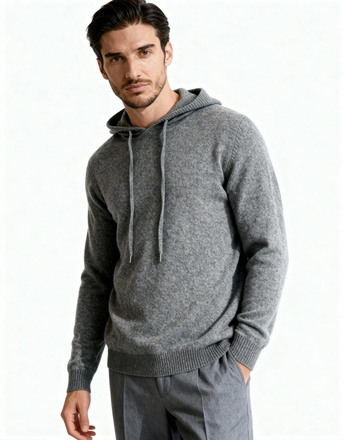 Men's plain knitted hooded sweatshirt with long sleeves and drawstrings