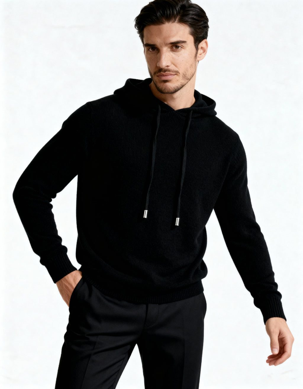 Men's plain knitted hooded sweatshirt with long sleeves and drawstrings