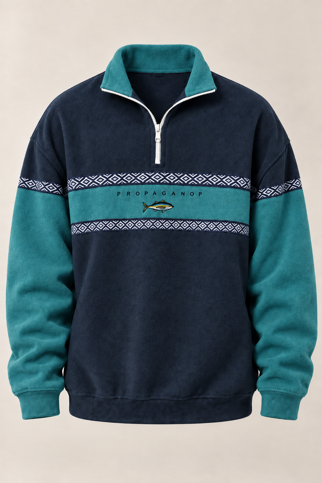 Men's geometric half-zip sweatshirt with stand collar and patterned panels