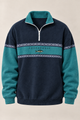 Men's geometric half-zip sweatshirt with stand collar and patterned panels