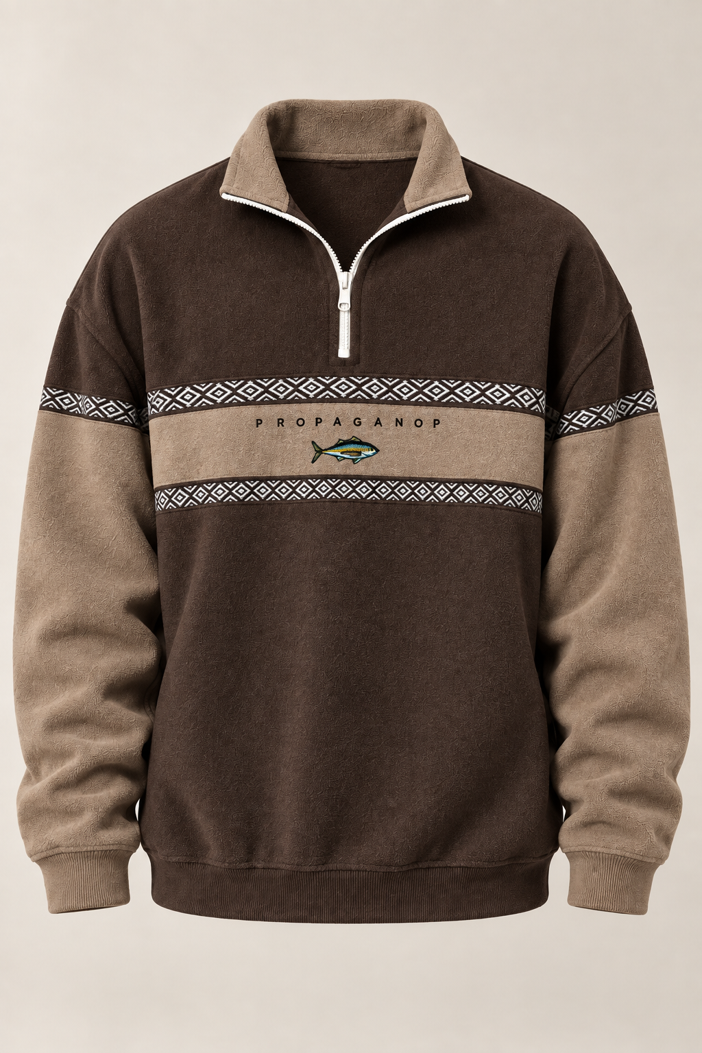 Men's geometric half-zip sweatshirt with stand collar and patterned panels