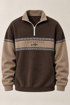 Men's geometric half-zip sweatshirt with stand collar and patterned panels