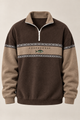 Men's geometric half-zip sweatshirt with stand collar and patterned panels