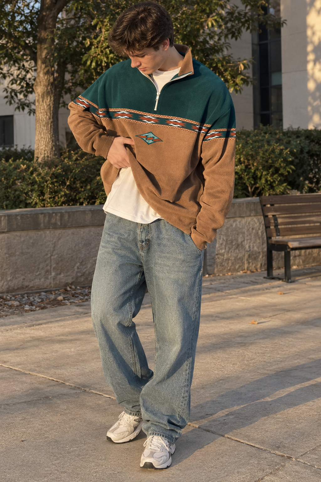 Men's geometric half-zip sweatshirt with stand collar and patterned panels