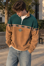 Men's geometric half-zip sweatshirt with stand collar and patterned panels