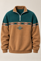 Men's geometric half-zip sweatshirt with stand collar and patterned panels