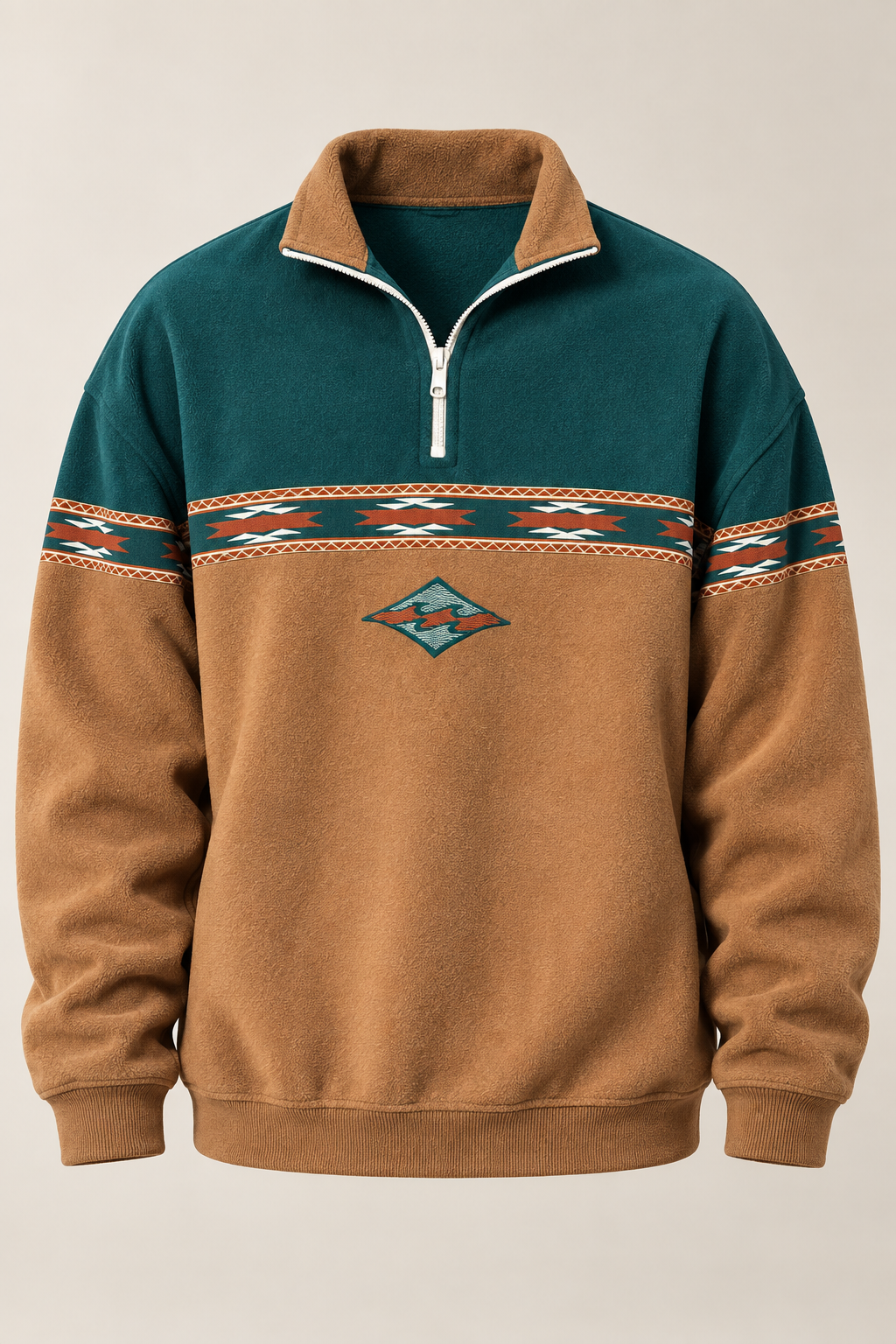 Men's geometric half-zip sweatshirt with stand collar and patterned panels