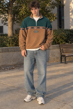 Men's geometric half-zip sweatshirt with stand collar and patterned panels
