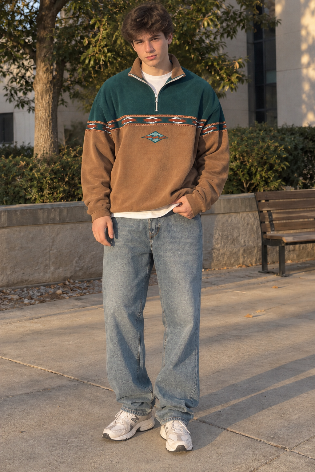 Men's geometric half-zip sweatshirt with stand collar and patterned panels