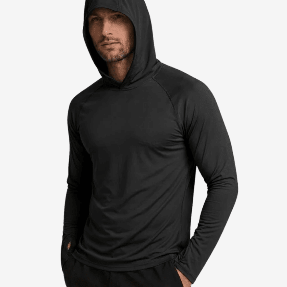 Men's long-sleeve hooded sun top with raglan sleeves