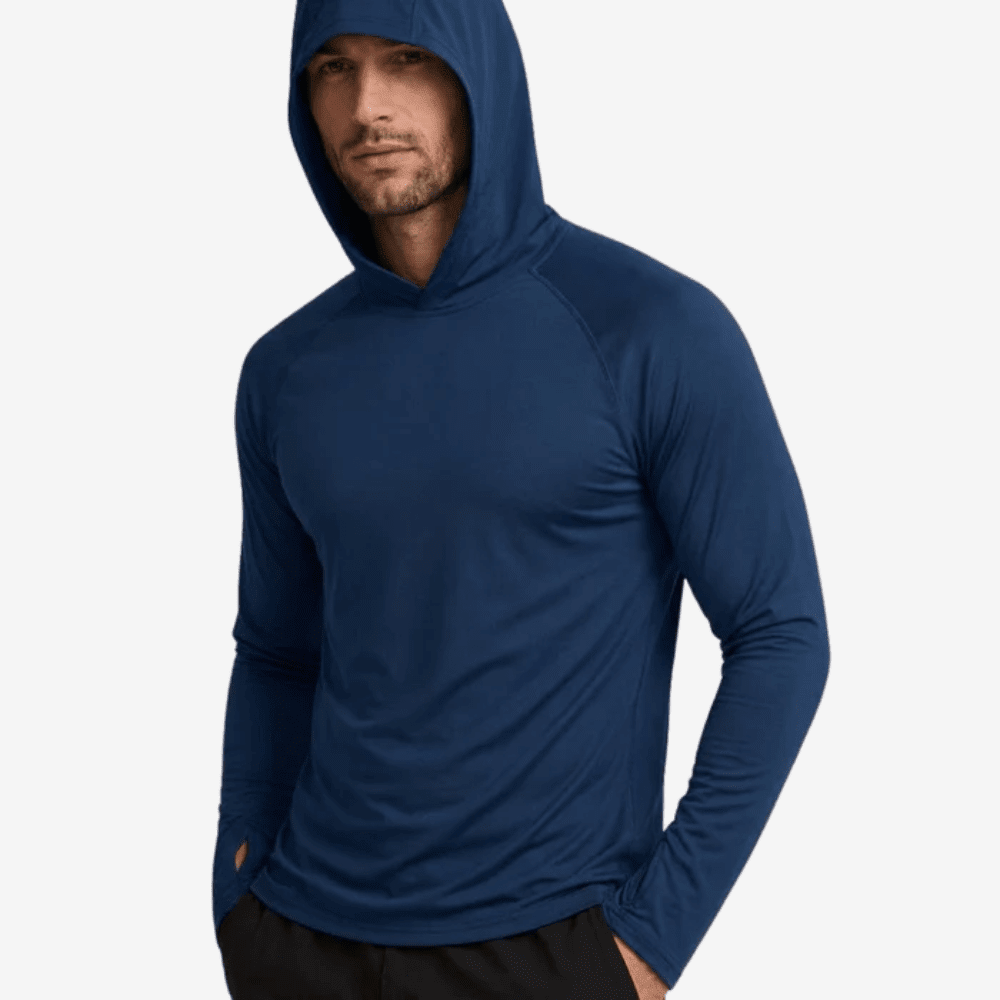 Men's long-sleeve hooded sun top with raglan sleeves