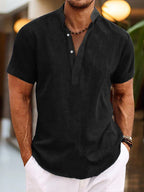 Men's short-sleeve textured Henley shirt with stand collar
