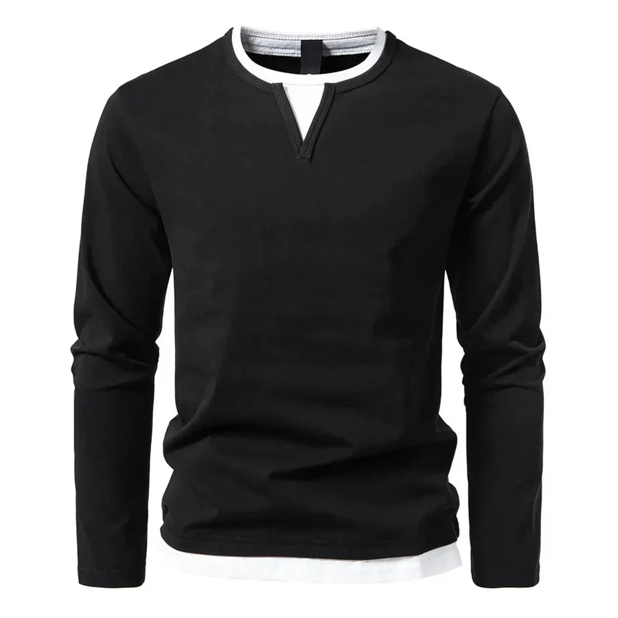 Men's long-sleeve Henley sweater with split neckline and contrasting inner layer