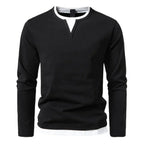 Men's long-sleeve Henley sweater with split neckline and contrasting inner layer