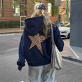 Women's blue hoodie with leopard-print star appliqué on the back