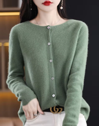 Women's plain knitted button-front cardigan with V-neckline and long sleeves