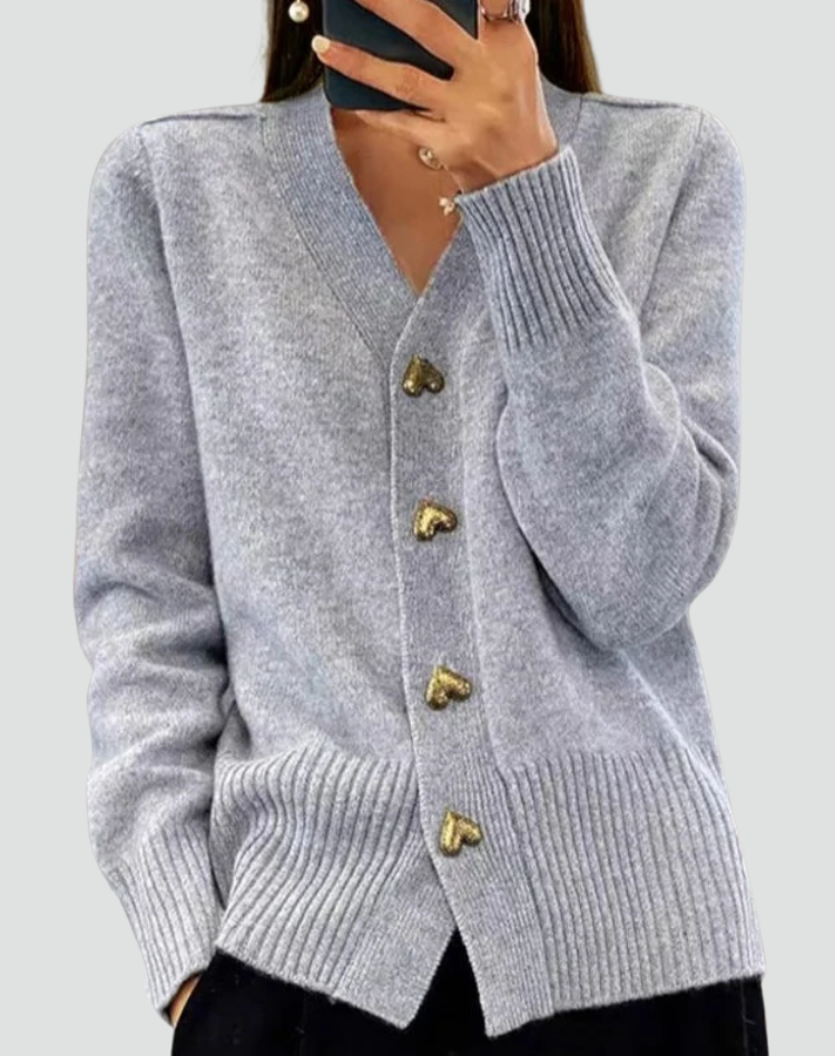 Women's long-sleeved V-neck button cardigan with ribbed trims and front pockets