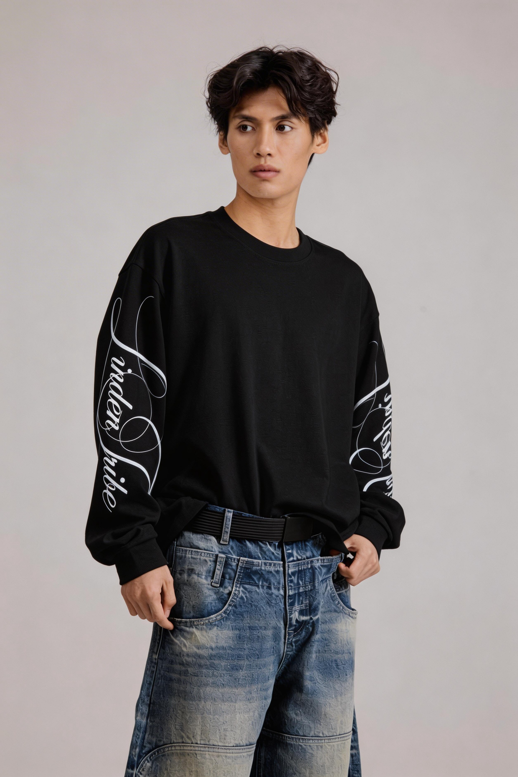 Men's black crew neck sweatshirt with white graphic sleeves