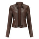 Women's fitted faux leather biker jacket with stand collar, long sleeves and zipped pockets