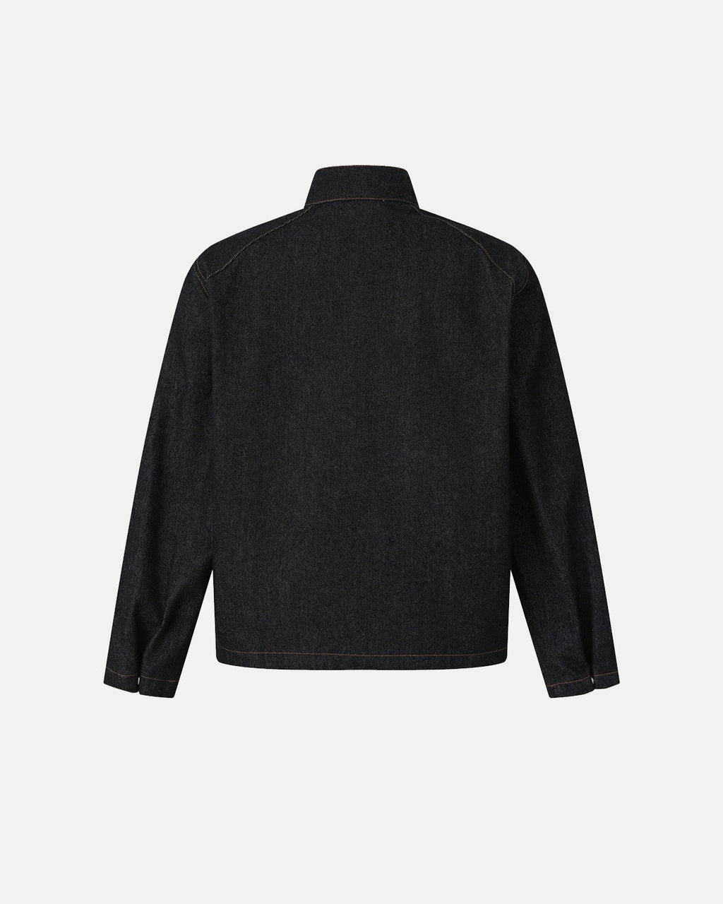 Men's black denim jacket with Mandarin collar, contrast stitching and zip front