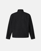 Men's black denim jacket with Mandarin collar, contrast stitching and zip front