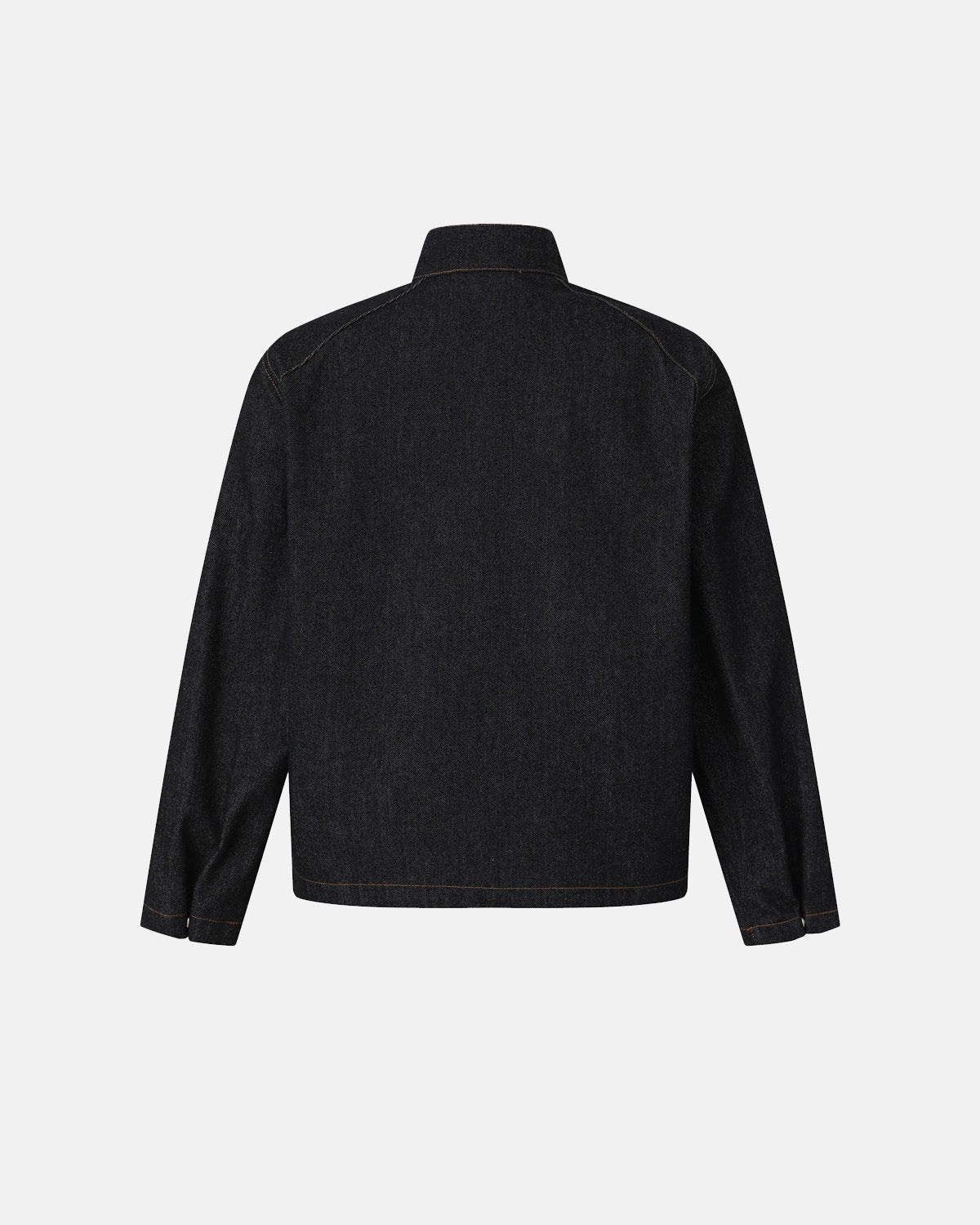 Men's black denim jacket with Mandarin collar, contrast stitching and zip front