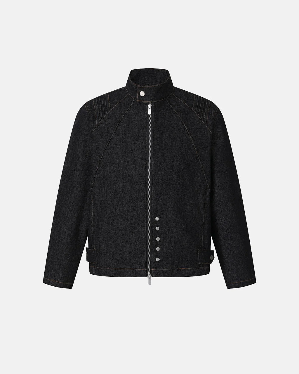 Men's black denim jacket with Mandarin collar, contrast stitching and zip front