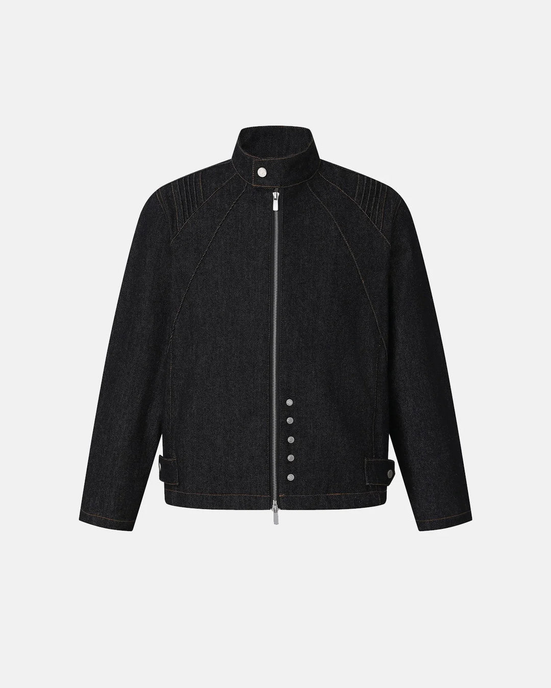 Men's black denim jacket with Mandarin collar, contrast stitching and zip front