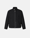 Men's black denim jacket with Mandarin collar, contrast stitching and zip front