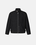 Men's black denim jacket with Mandarin collar, contrast stitching and zip front