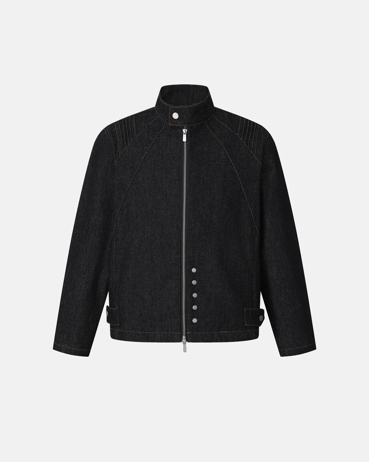 Men's black denim jacket with Mandarin collar, contrast stitching and zip front