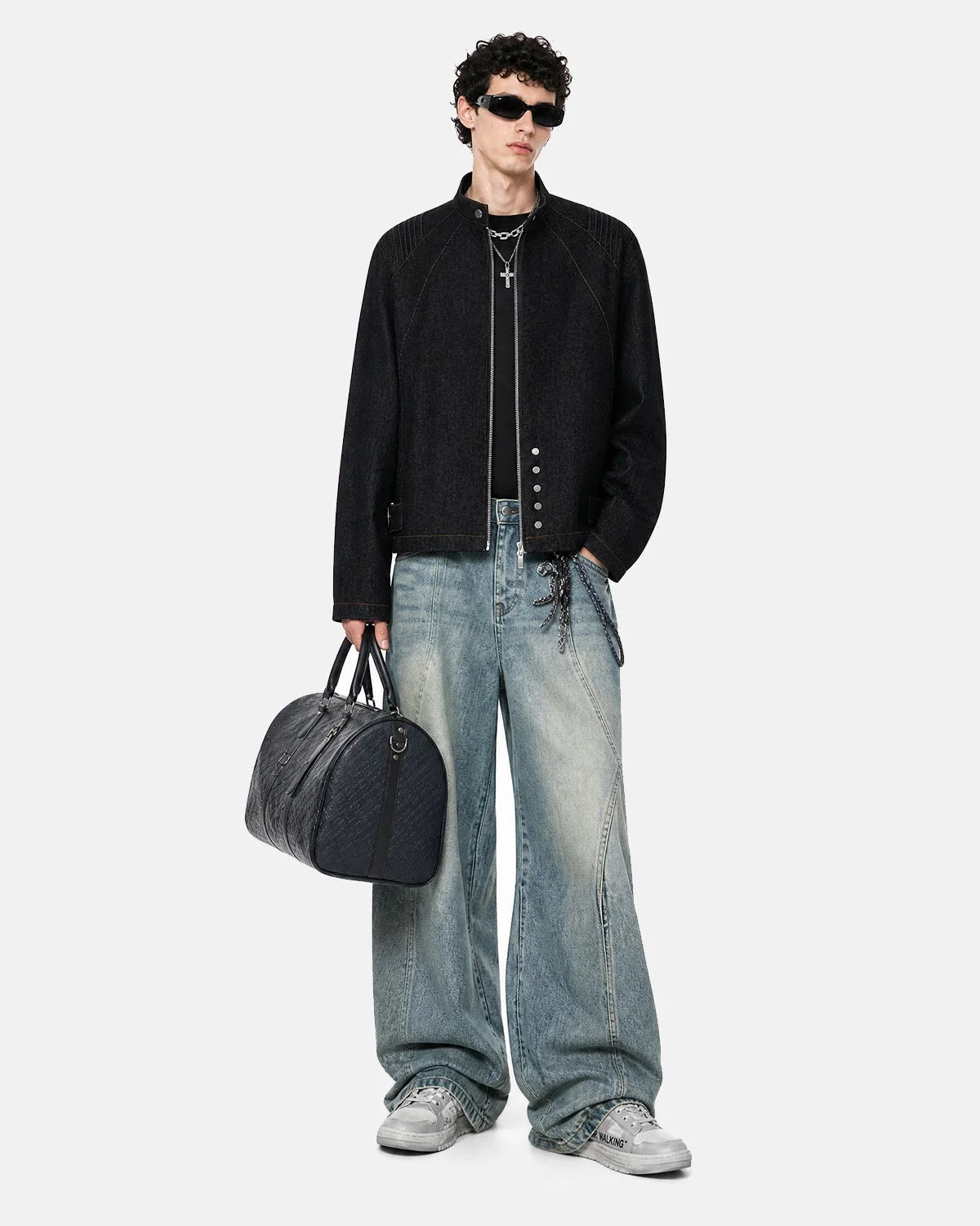 Men's black denim jacket with Mandarin collar, contrast stitching and zip front