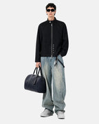 Men's black denim jacket with Mandarin collar, contrast stitching and zip front