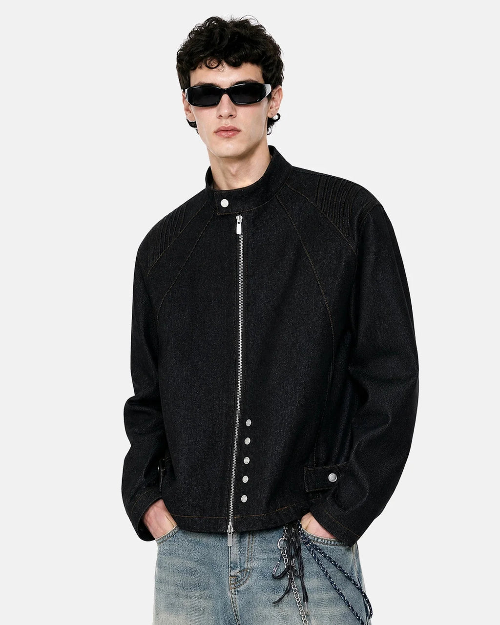 Men's black denim jacket with Mandarin collar, contrast stitching and zip front