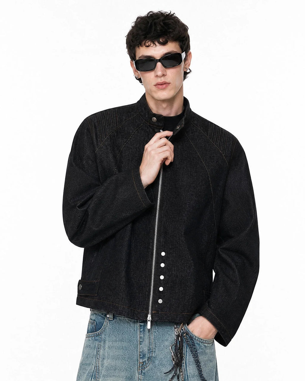 Men's black denim jacket with Mandarin collar, contrast stitching and zip front
