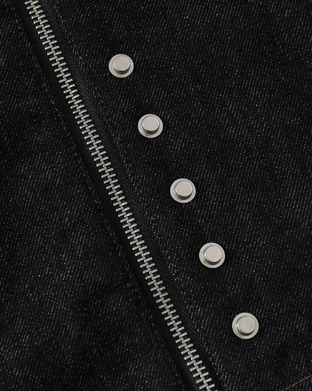 Men's black denim jacket with Mandarin collar, contrast stitching and zip front