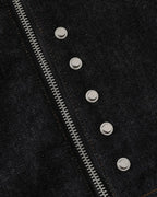 Men's black denim jacket with Mandarin collar, contrast stitching and zip front