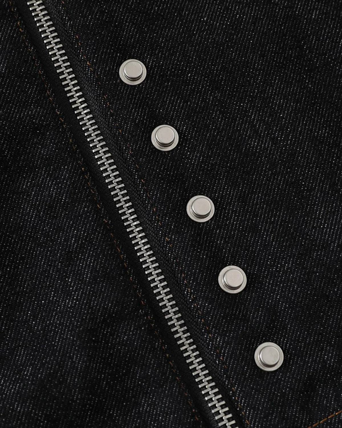 Men's black denim jacket with Mandarin collar, contrast stitching and zip front