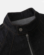 Men's black denim jacket with Mandarin collar, contrast stitching and zip front