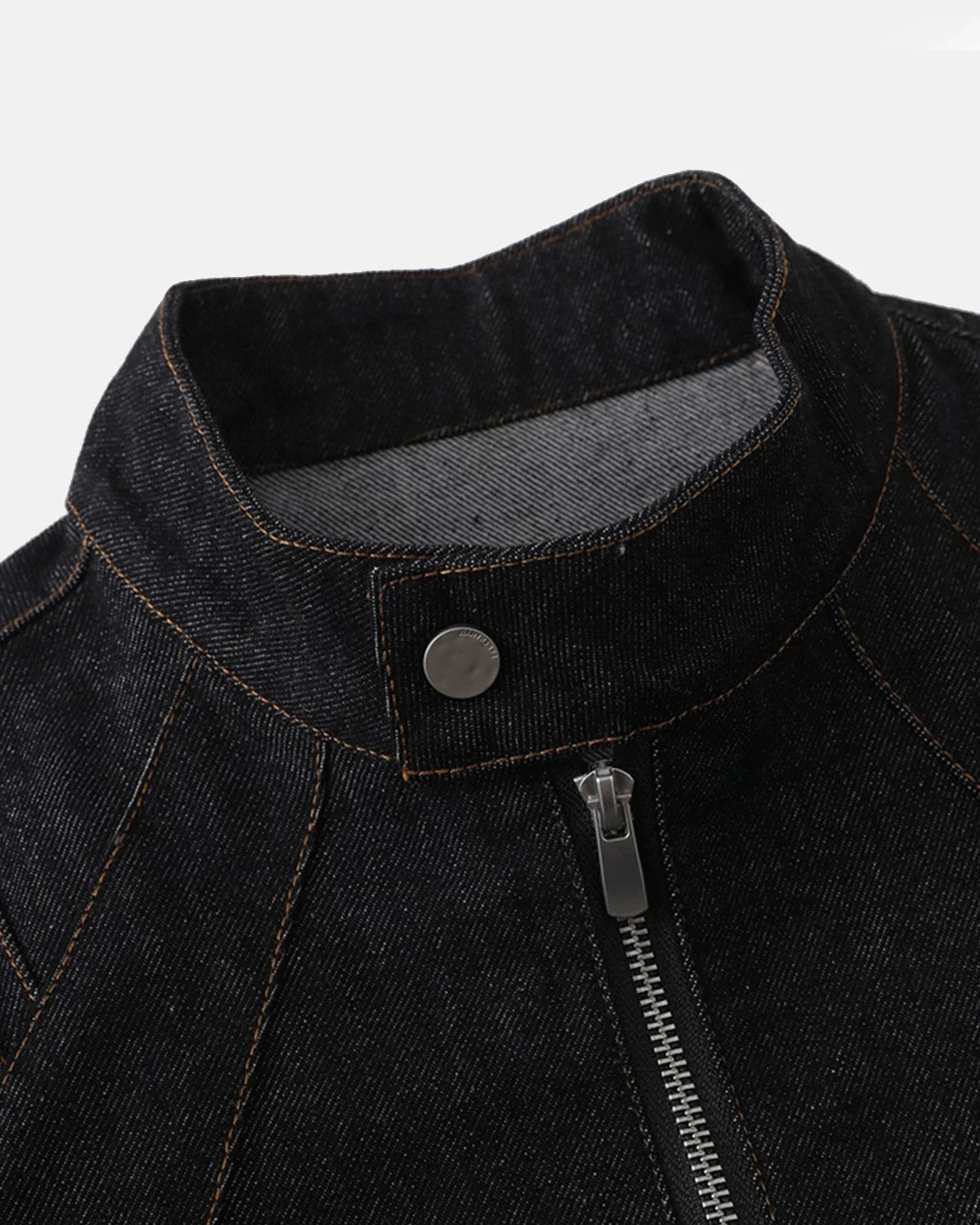 Men's black denim jacket with Mandarin collar, contrast stitching and zip front