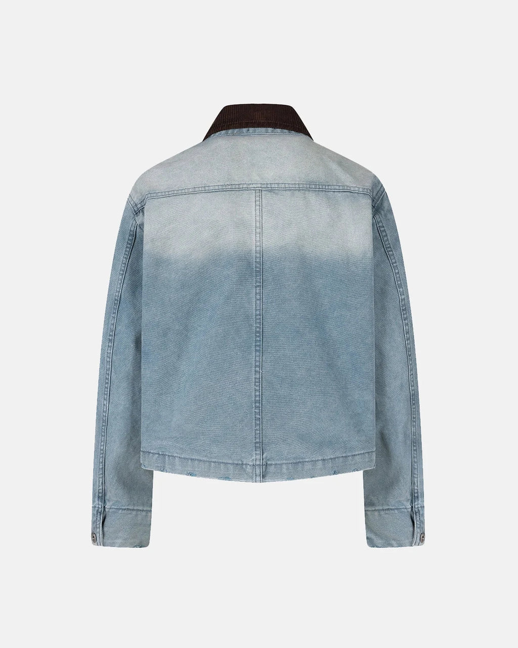 Blue boxy denim jacket with dark corduroy collar, long sleeves and multiple front pockets
