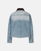 Blue boxy denim jacket with dark corduroy collar, long sleeves and multiple front pockets
