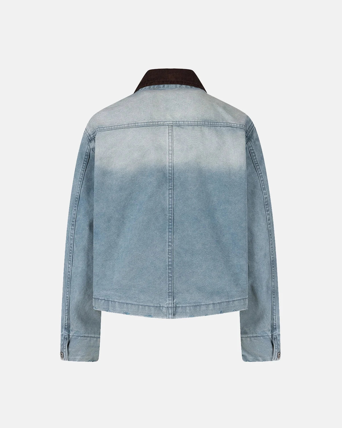 Blue boxy denim jacket with dark corduroy collar, long sleeves and multiple front pockets