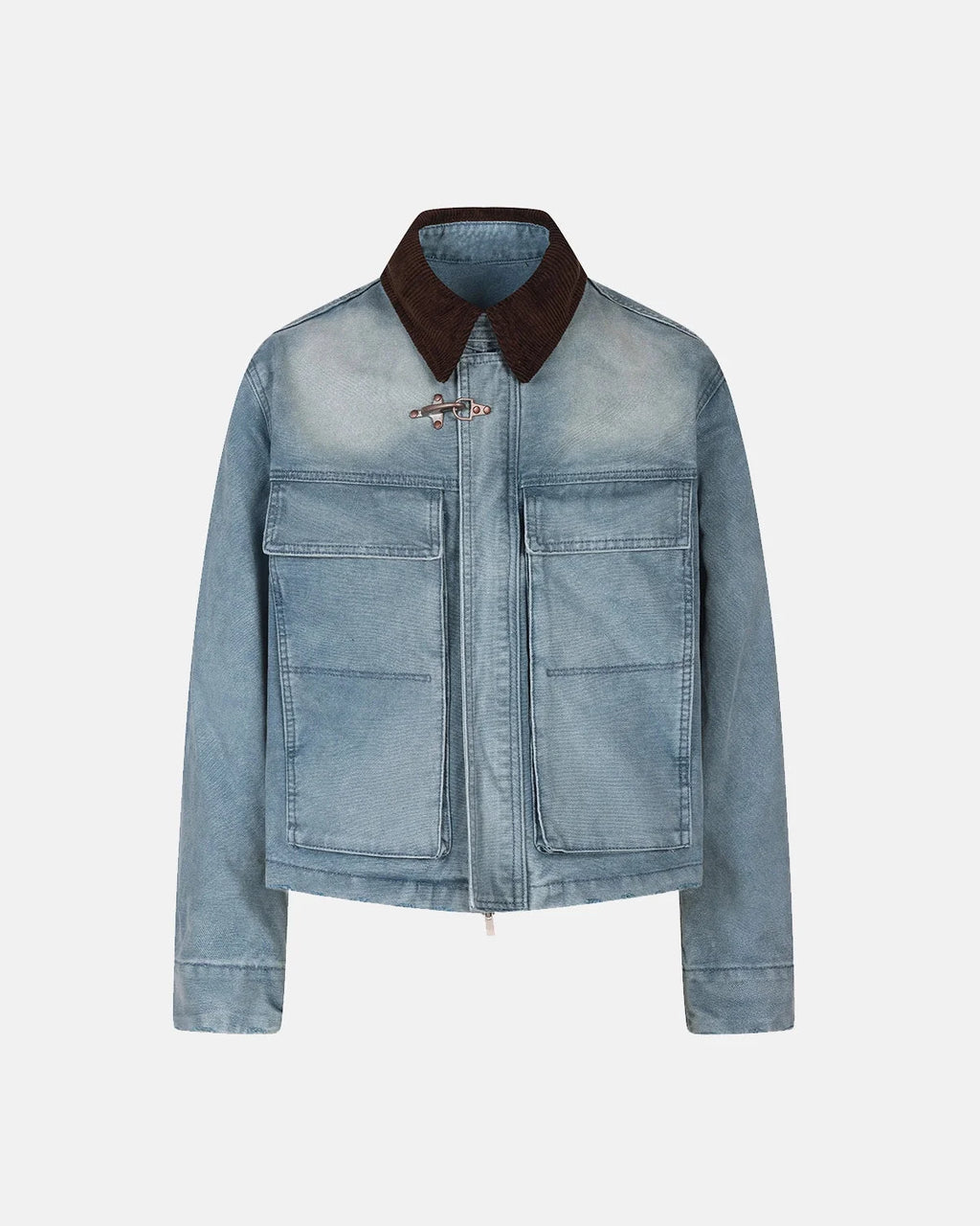 Blue boxy denim jacket with dark corduroy collar, long sleeves and multiple front pockets