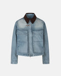 Blue boxy denim jacket with dark corduroy collar, long sleeves and multiple front pockets