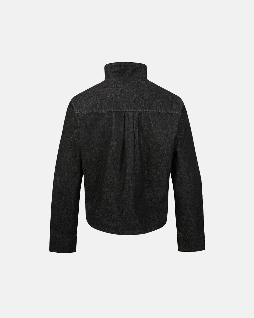 Men's black cropped denim jacket with high collar and asymmetric button front