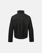 Men's black cropped denim jacket with high collar and asymmetric button front