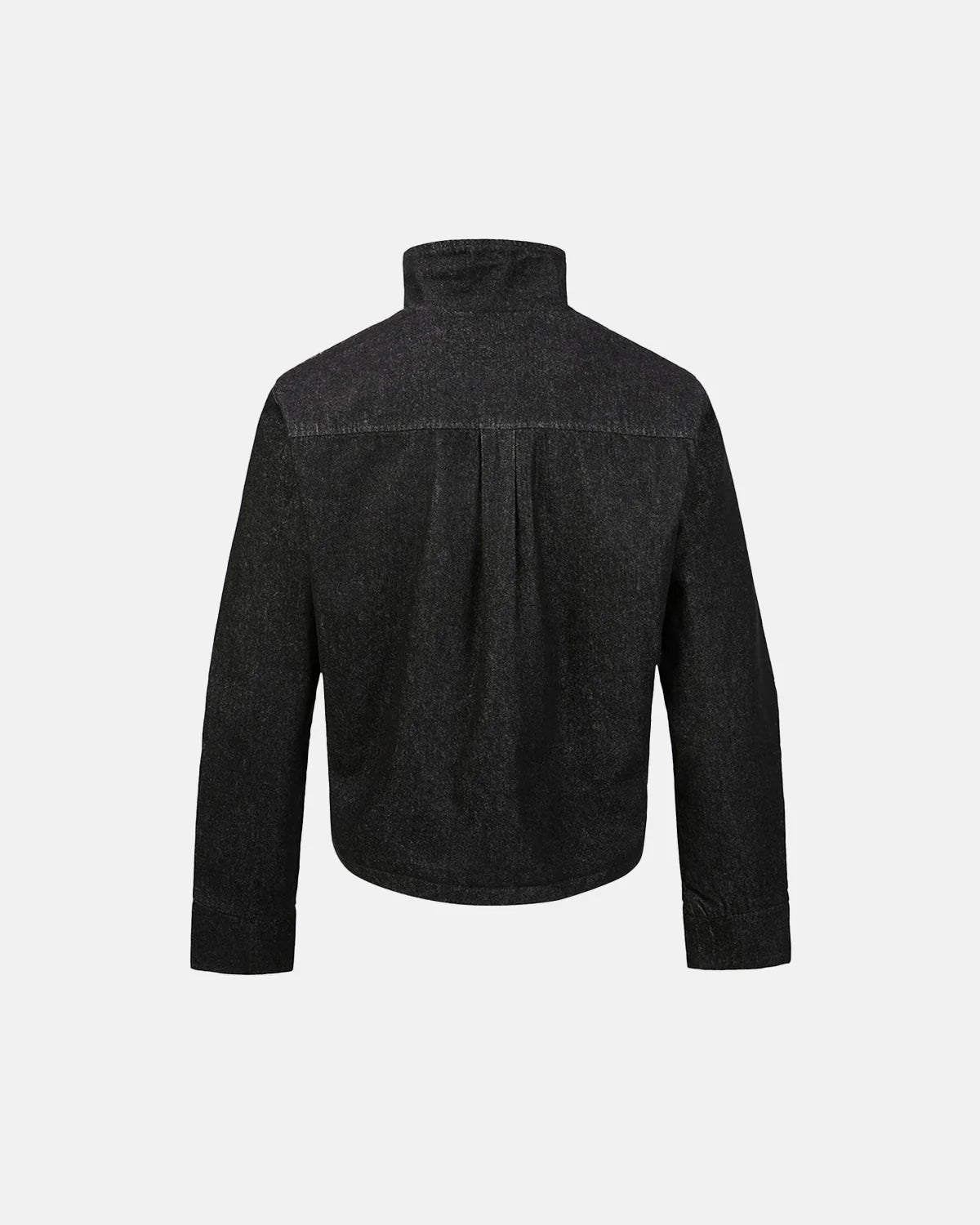 Men's black cropped denim jacket with high collar and asymmetric button front