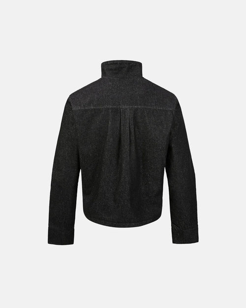 Men's black cropped denim jacket with high collar and asymmetric button front