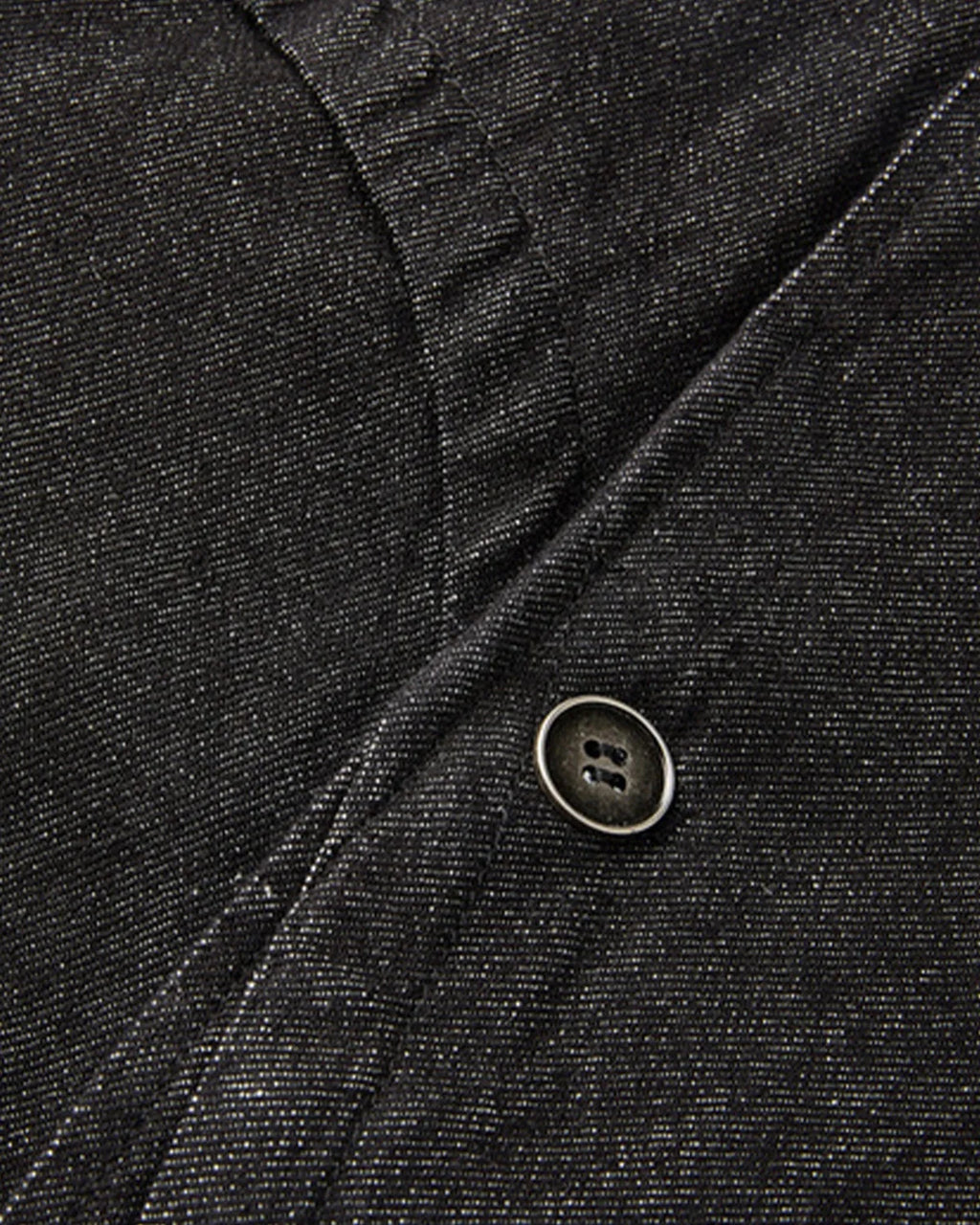 Men's black cropped denim jacket with high collar and asymmetric button front